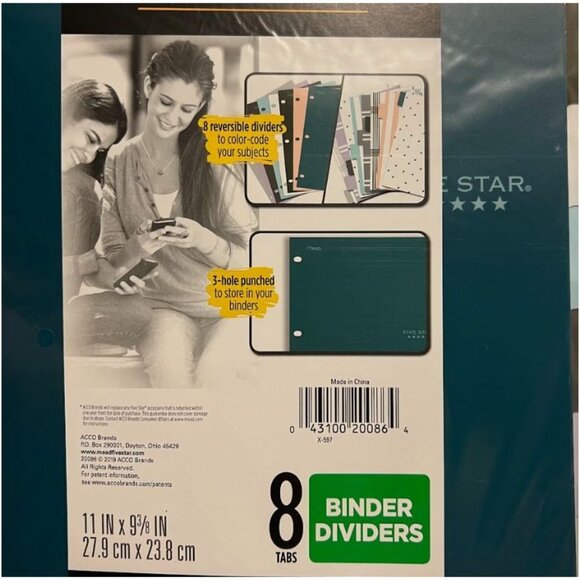 Mead Five 8 count Star 3-hole Punched Color Pop Reversible Tab Divider Set 5Pk 4 - Picture 2 of 6